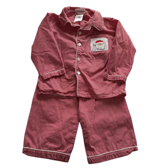 Babeeni Santa Embroidered Red and White Gingham Boys Christmas Pajamas Sz 18M - Picture 1 of 3